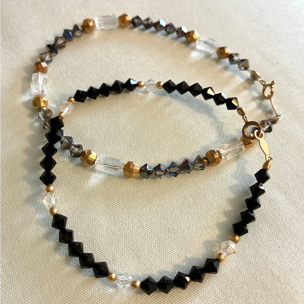 2 Swarovski Crystal 14K gf Gold Stack Beaded Bracelets